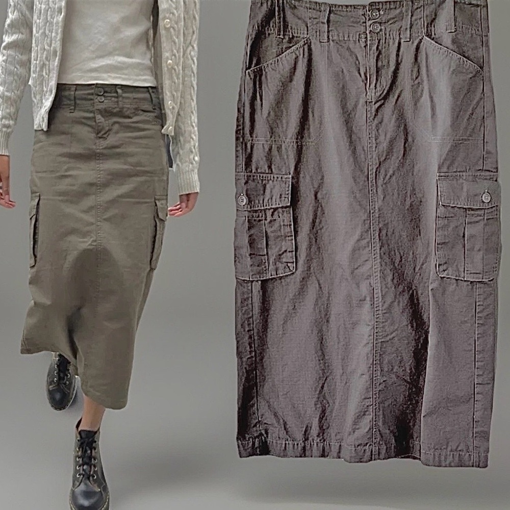 Brandy Melville Beverly Mid Rise Gray Cargo Y2K Midi Skirt, Med/One Size